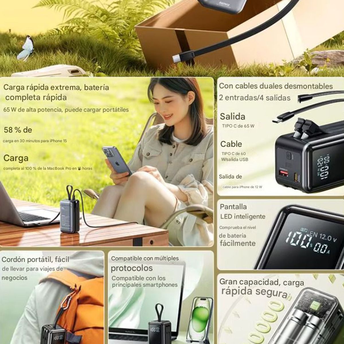 REMAX - Bateria Portatil  20000 mAh PD 65W QC60W, carga rápida con 2 cables