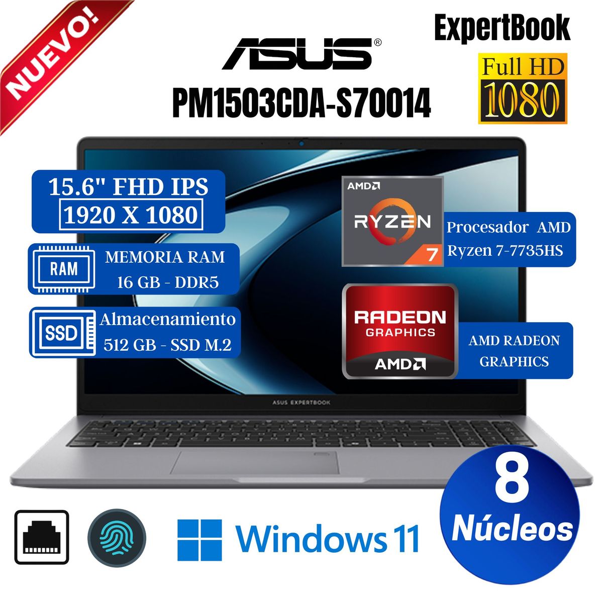 ASUS - Laptop Asus ExpertBook PM1503CDA-S70014 15.6" FHD IPS, Ryzen 7-7735HS, Ram 16GB, SSD 512, Win 11 Pro