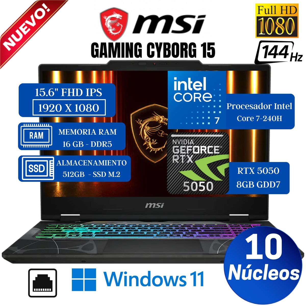 Msi - Laptop MSI Cyborg 15 B2RWEKG 15.6" FHD IPS, CORE 7-240H, Ram 16GB, SSD 512GB, RTX 5050, Win 11 Pro