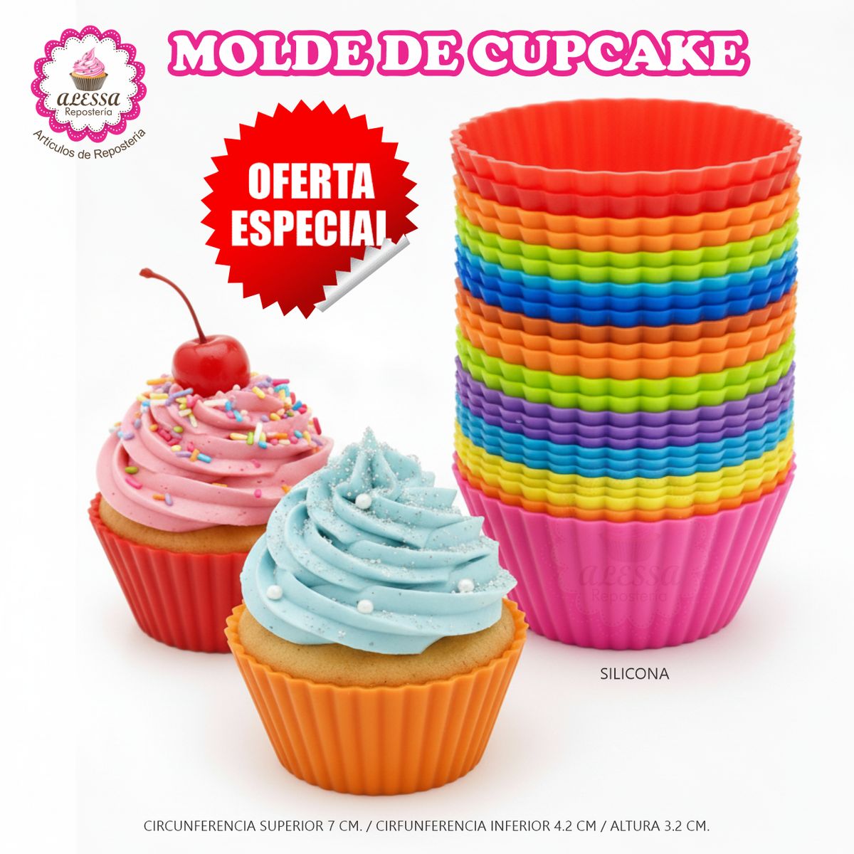 GENERICO - 12 Moldes de Cupcake de Silicona N° 7 Antiadherentes y Reutilizables