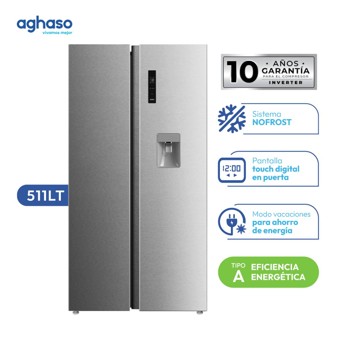 AGHASO - REFRIGERADORA AGHASO SIDE BY SIDE 511L   