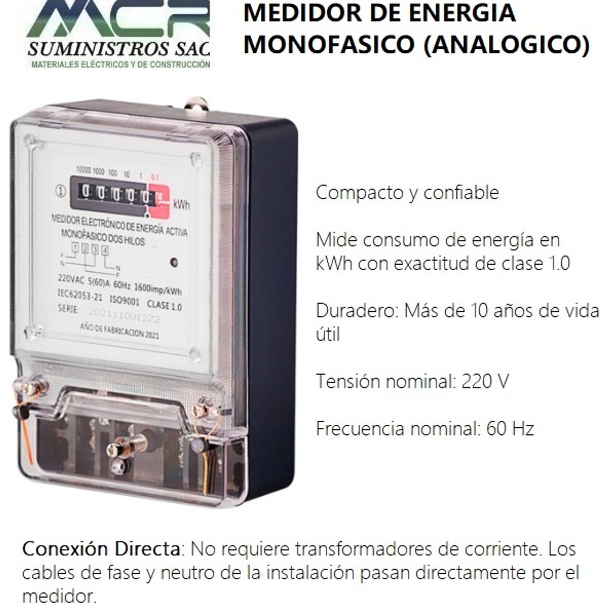 GENERICO - MEDIDOR DE ENERGIA ACTIVA MONOFASICO, 2 HILOS (ANALOGICO).