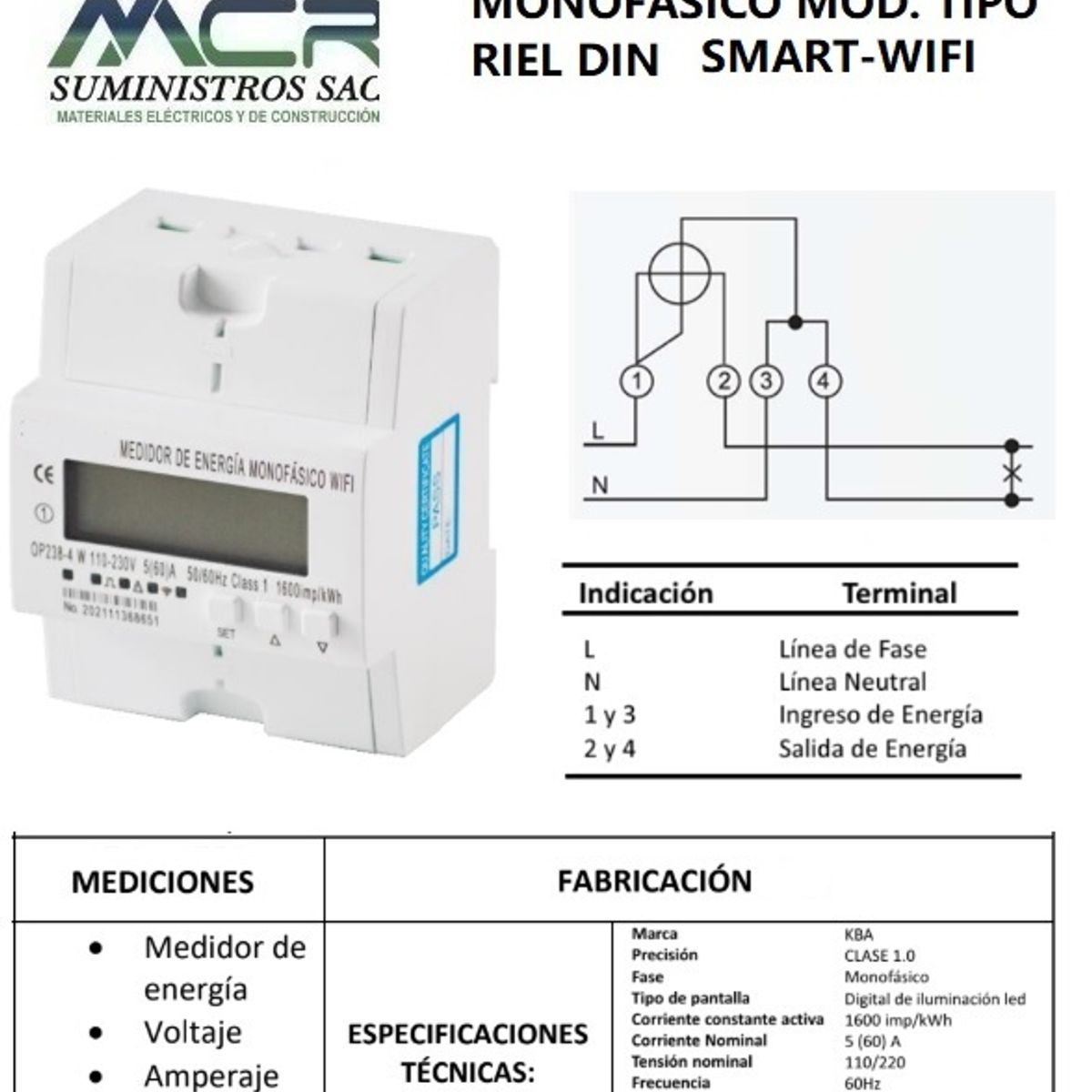 GENERICO - MEDIDOR DE ENERGIA ACTIVA MONOFASICO MOD TIPO RIEL DIN SMART-WIFI