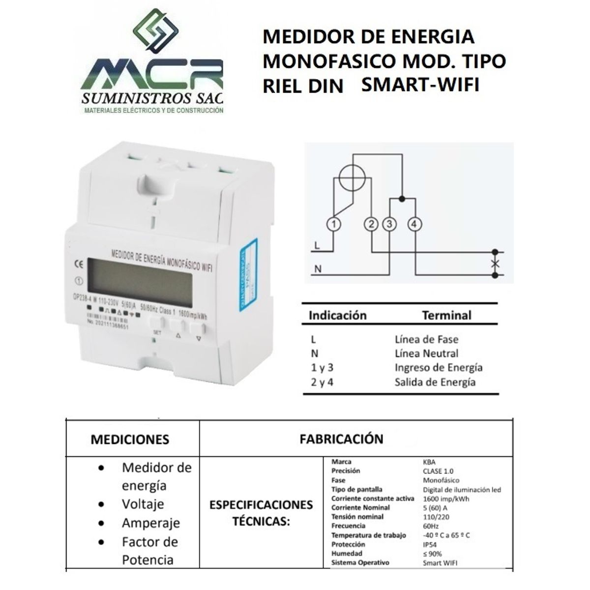 GENERICO - MEDIDOR DE ENERGIA ACTIVA MONOFASICO MOD TIPO RIEL DIN SMART-WIFI