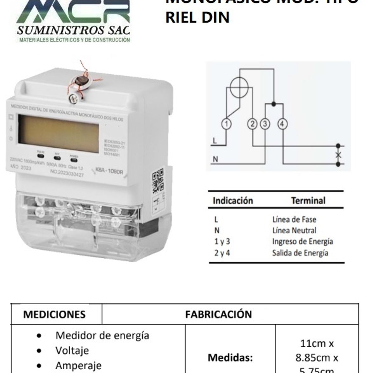 GENERICO - MEDIDOR DE ENERGIA ACTICA MONOFASICO MOD TIPO RIEL DIN