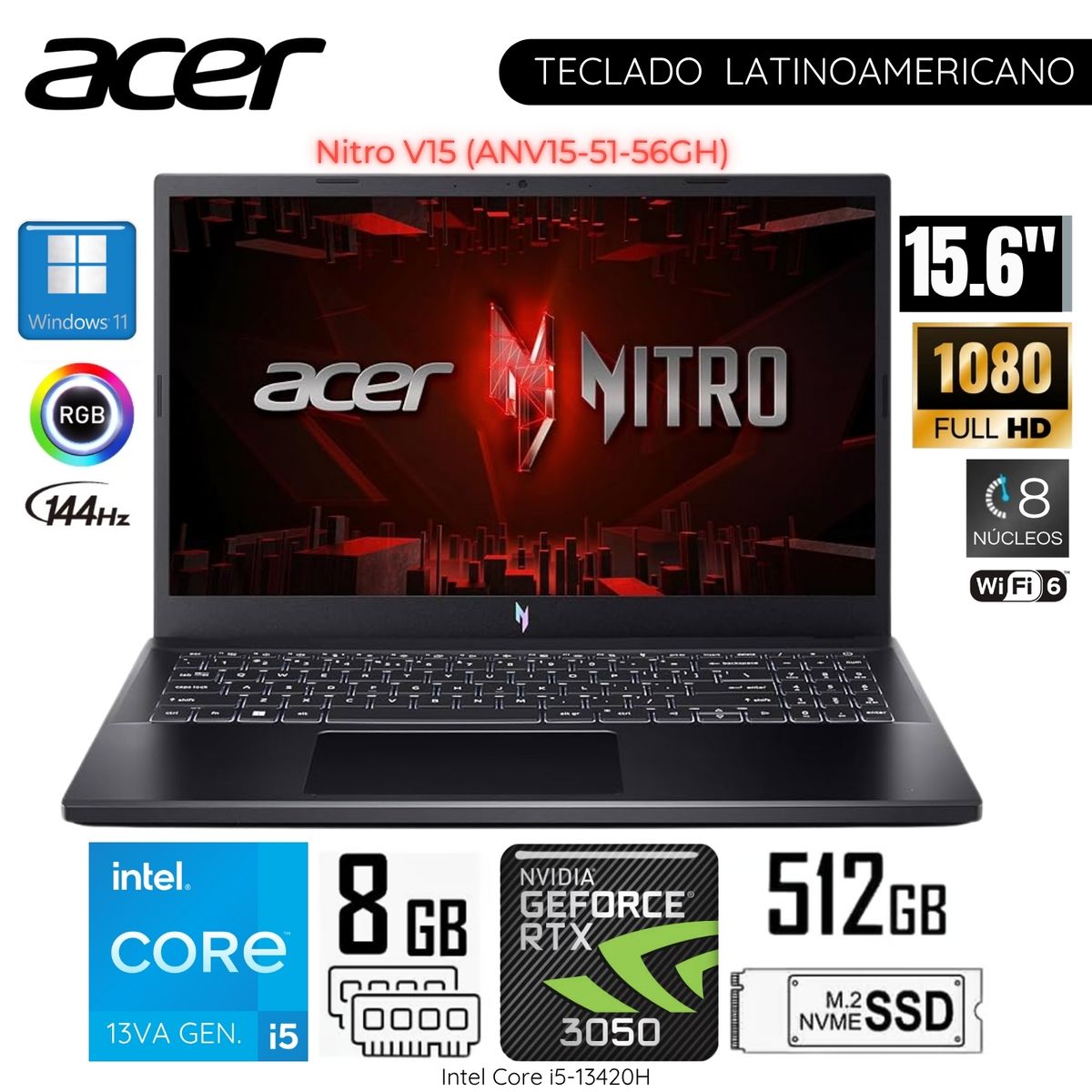 ACER - Laptop Acer Nitro V15 Intel Core i5-13420H 8GB RAM 512GB SSD 15.6"  FHD RTX3050-6GB - ANV15-51-56GH