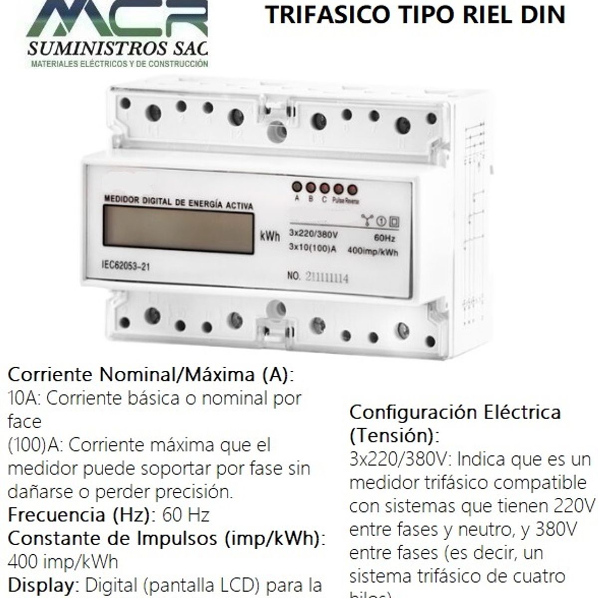 GENERICO - MEDIDOR DE ENERGIA ACTIVA TRIFASICO MOD TIPO RIEL DIN