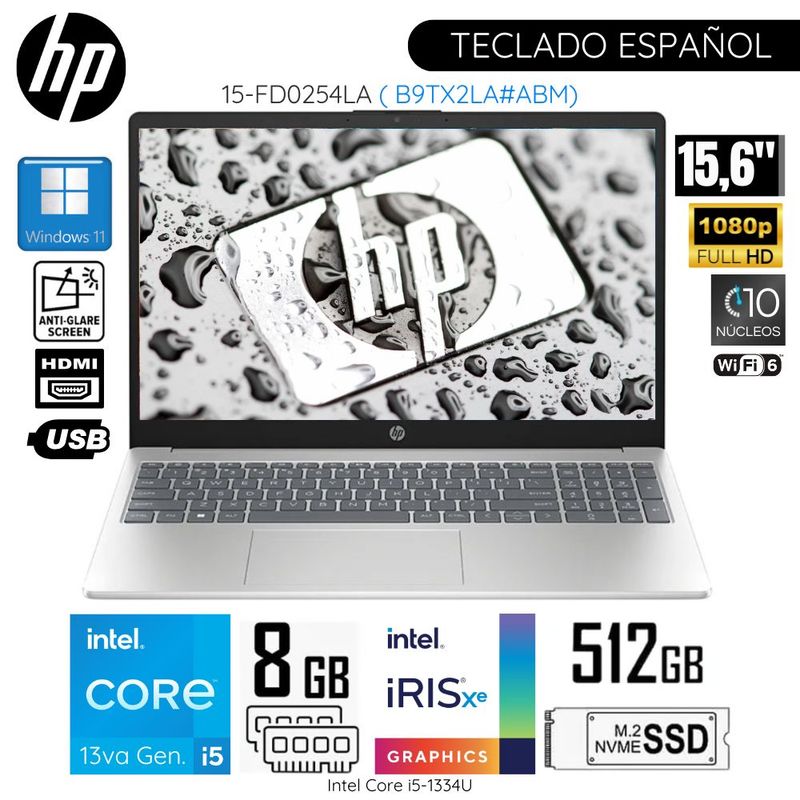HP - Laptop HP 15-FD0254LA Intel Corei5- 1334U 8GB RAM 512GB SSD 15.6"  FHD WIN11