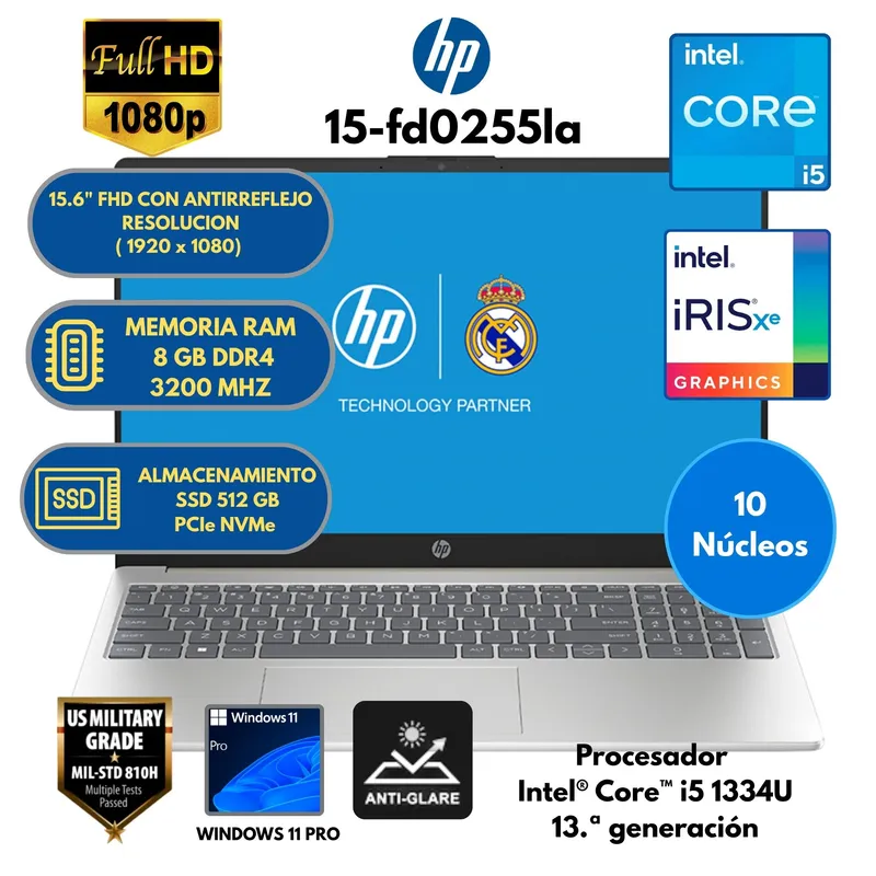 HP - Laptop HP 15-fd0255la INTEL CORE i5 -RAM 8 GB SSD 512 GB 15.6" FHD CON ANTIRREFLEJO Windows 11 PRO