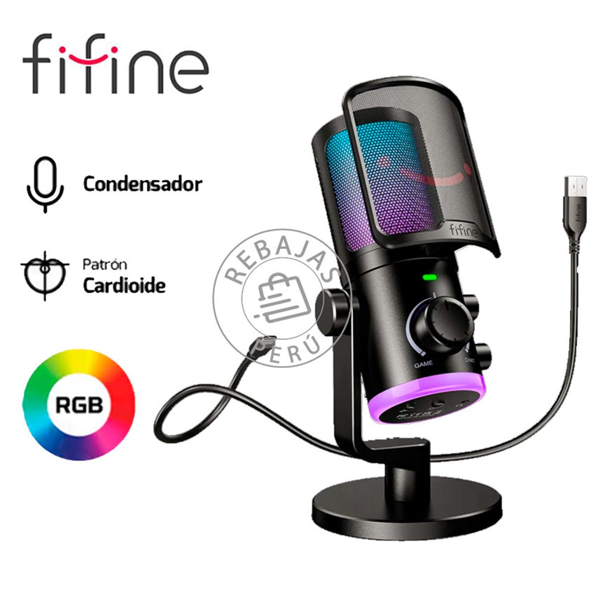 FIFINE - Micrófono Fifine AM6 Black USB Condensador RGB con Filtro y Mute