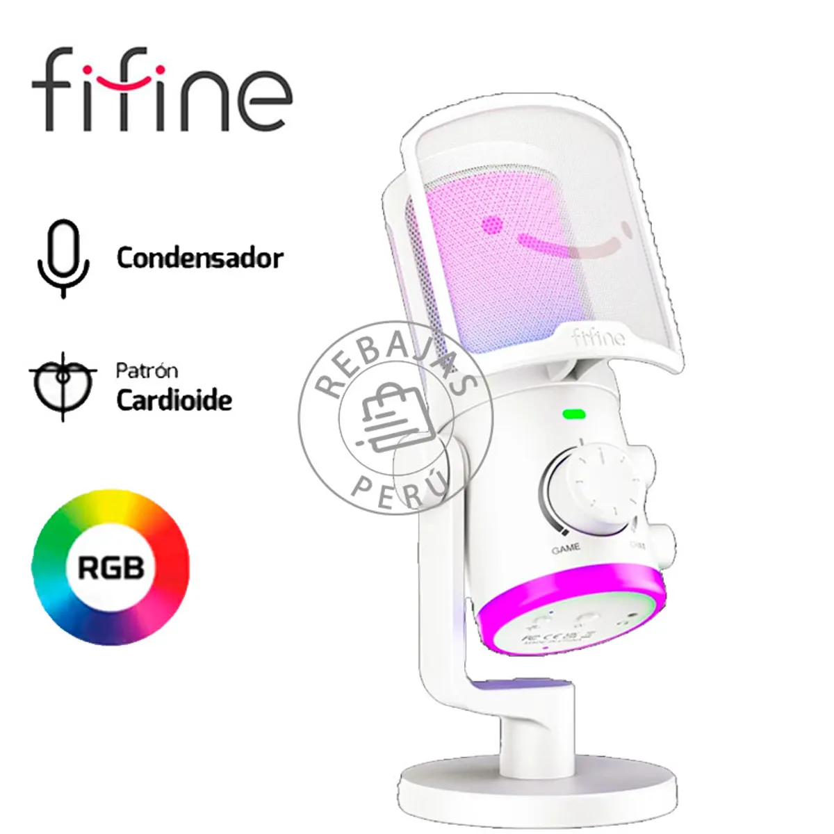 FIFINE - Micrófono Fifine AM6 White USB Condensador RGB Filtro Antipop Mute