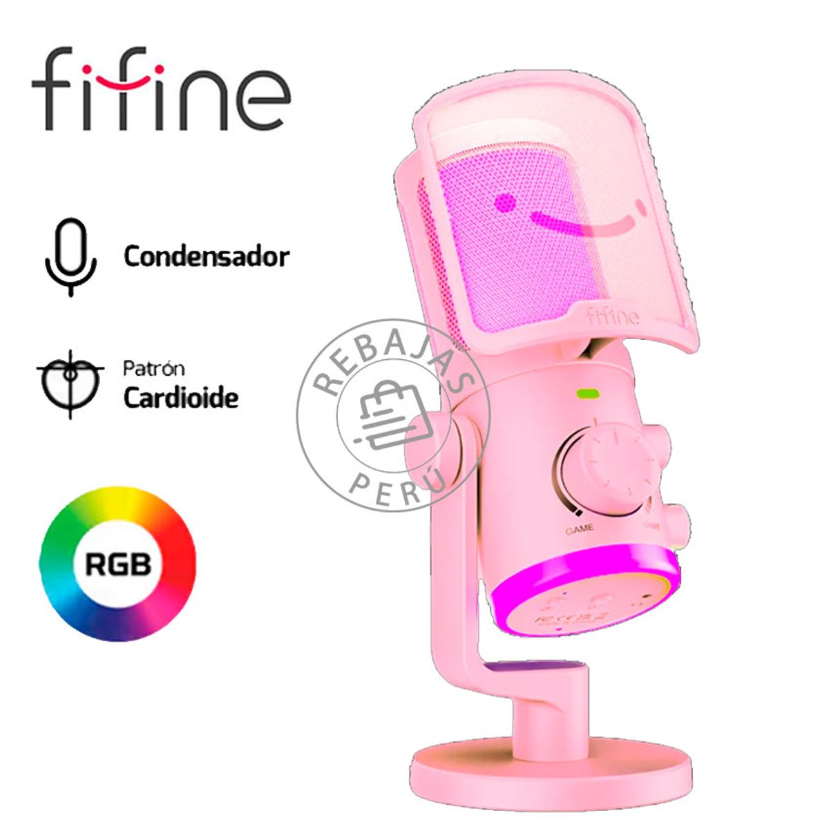 FIFINE - Micrófono Fifine AM6 Pink USB Condensador RGB Filtro Antipop