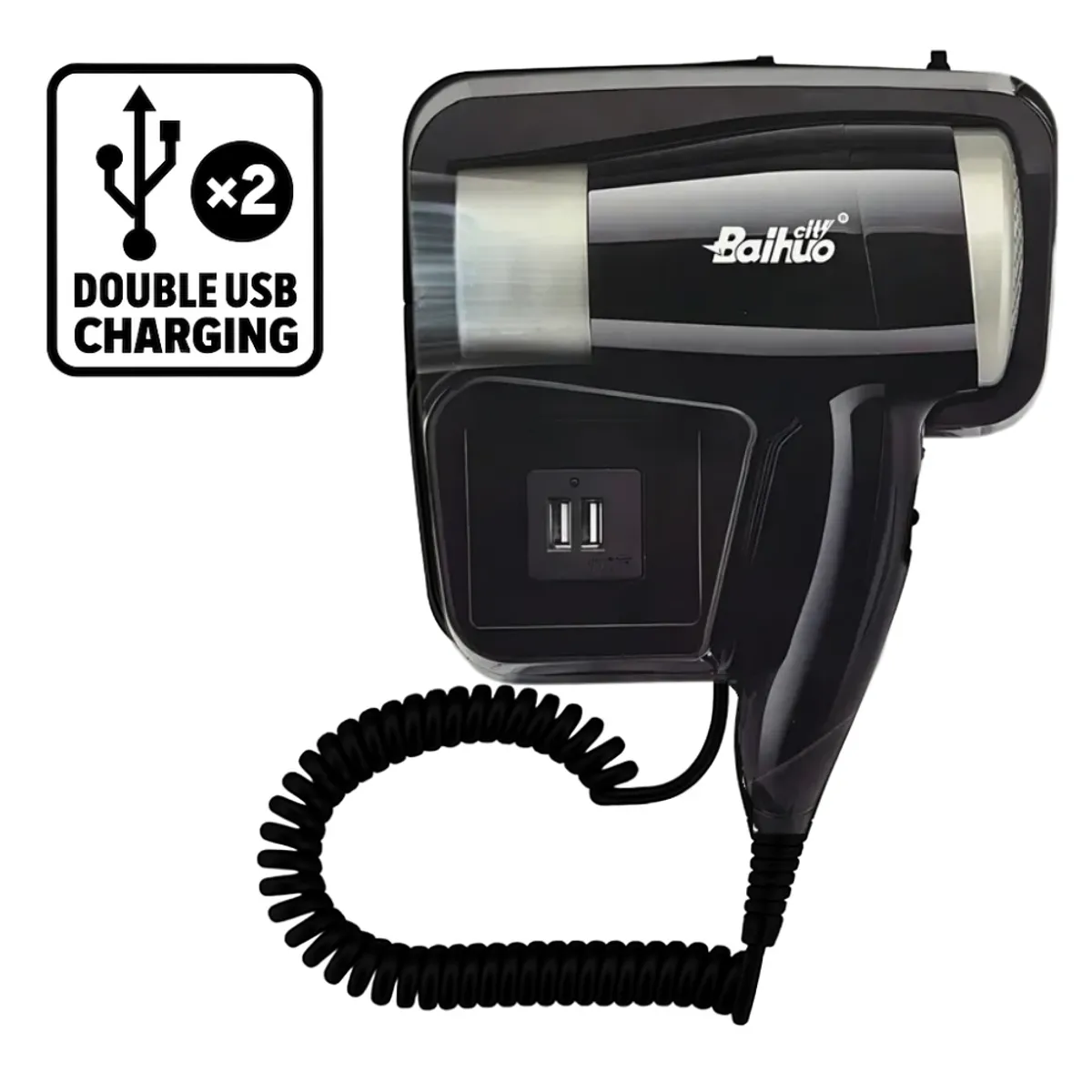 SEISA - Secadora de Cabello para Baño y Habitación con Soporte de Pared y Cargador 5V USB - Negro