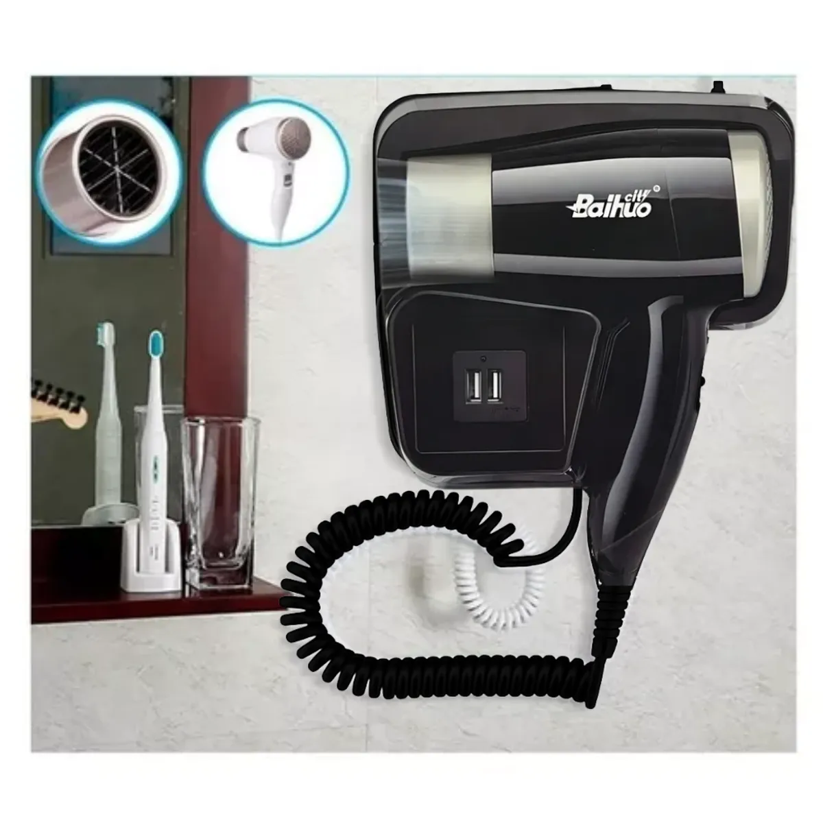 SEISA - Secadora de Cabello para Baño y Habitación con Soporte de Pared y Cargador 5V USB - Negro