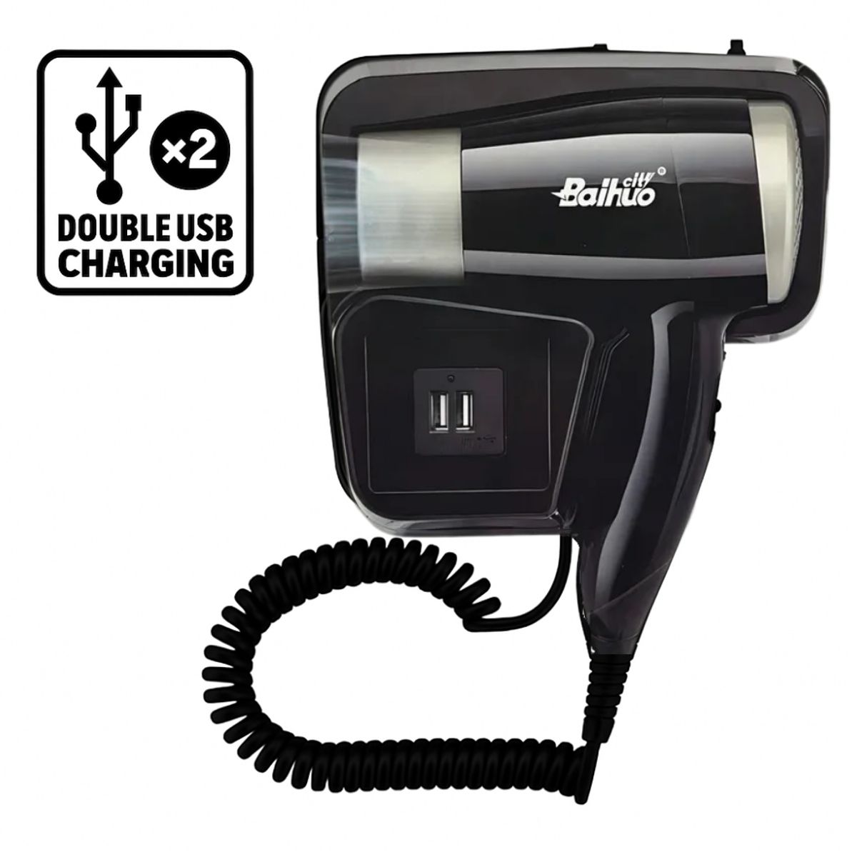 SEISA - Secadora de Cabello para Baño y Habitación con Soporte de Pared y Cargador 5V USB - Negro