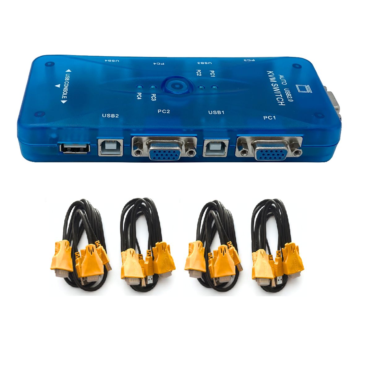 GENERICO - Switch VGA KVM Para 4PC HD 1080p 3D USB2.0 Con 4 Cables VGA