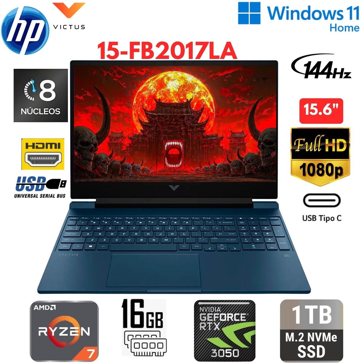 HP - Laptop HP GAMING VICTUS 15-FB2017LA 15.6" FHD Ryzen 7-8845HS 16GB RAM 1TB SSD RTX 3050 6GB W11