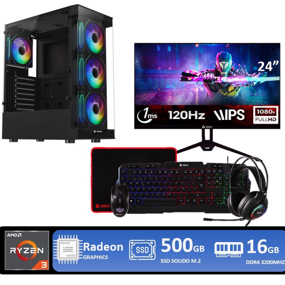 RYZEN - Computadora Pc AMD Ryzen 3 3200g  RAM 16GB SSD 500GB Monitor 24 Full HD