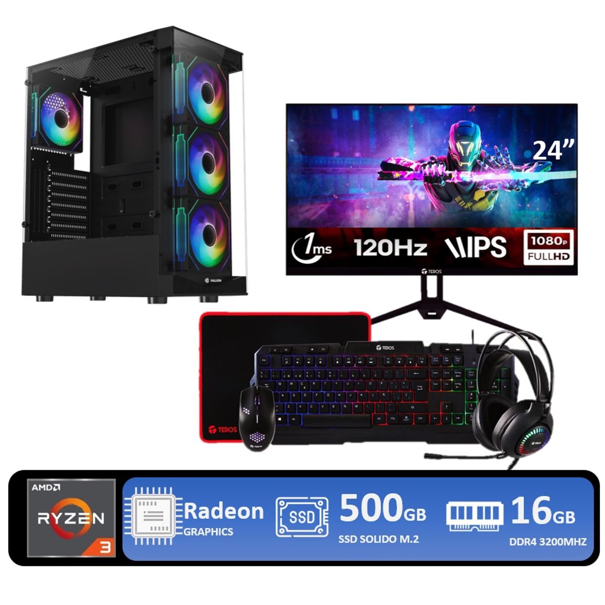 RYZEN - Computadora Pc AMD Ryzen 3 3200g  RAM 16GB SSD 500GB Monitor 24 Full HD