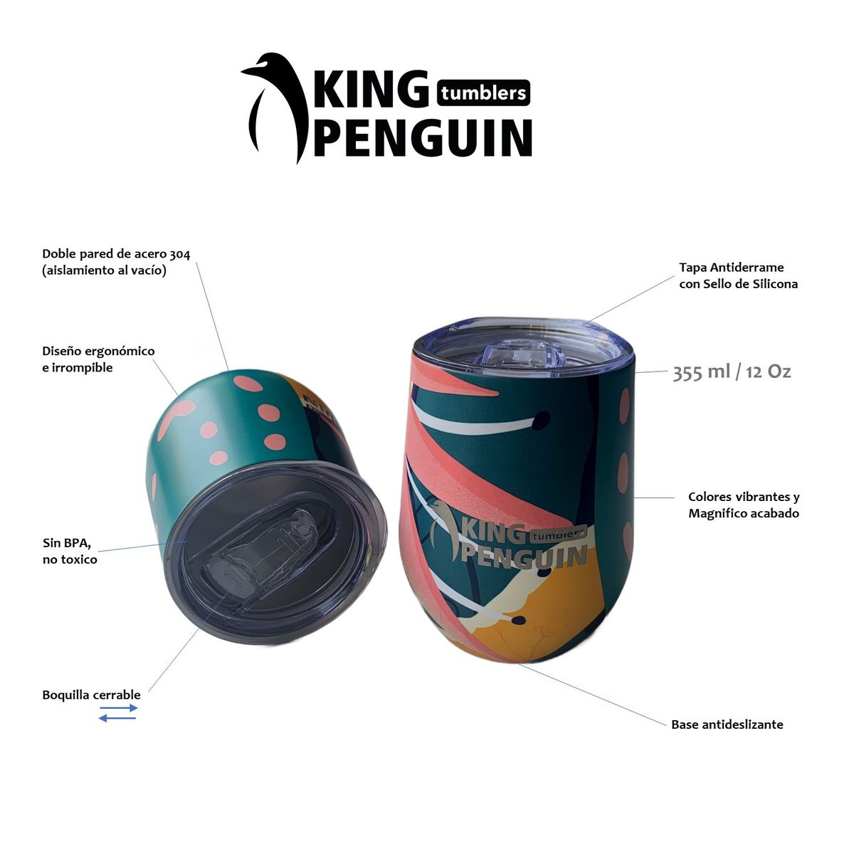 KING PENGUIN - Vaso Térmico Flying King Penguin Acero Inox 355ml Tapa Antiderrame