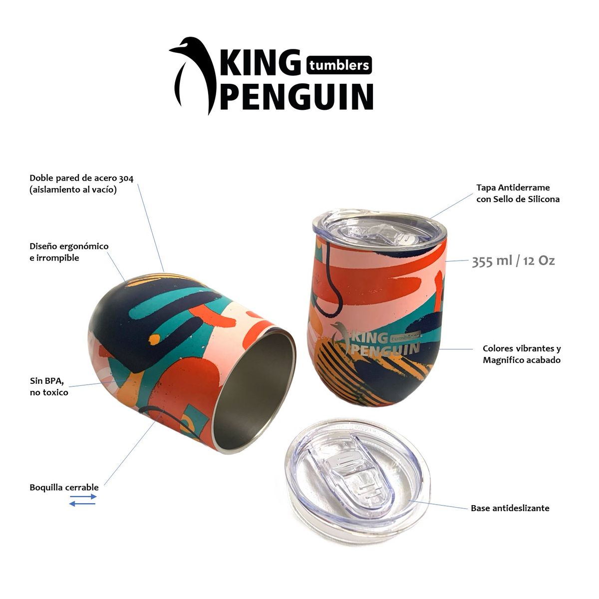 KING PENGUIN - Vaso Térmico Wild King Penguin Acero Inox. 355ml  Tapa Antiderrame