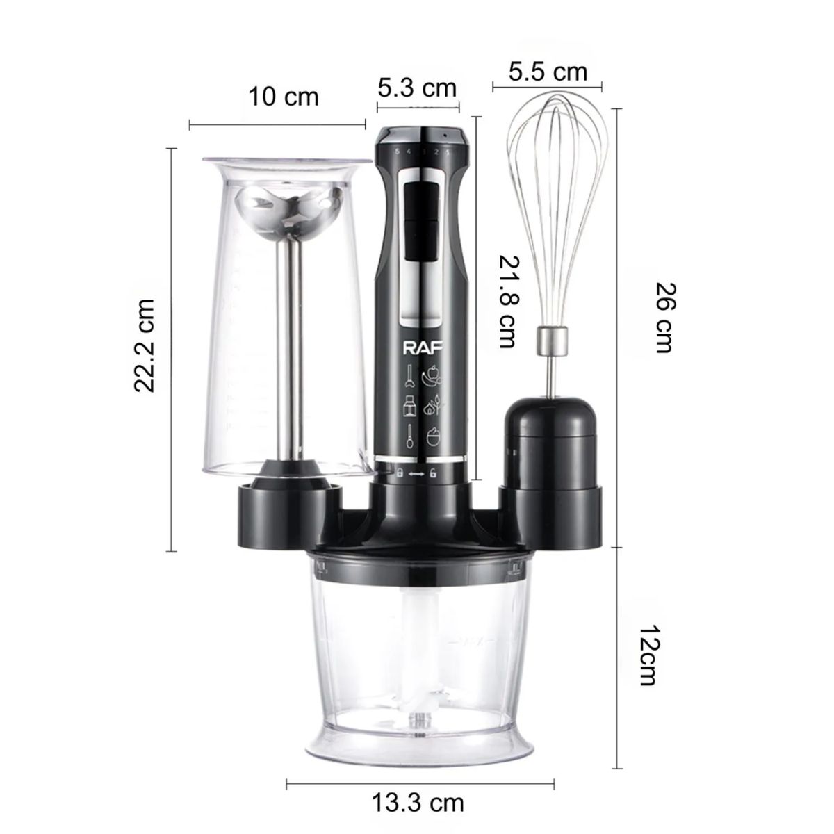 RAFF - BATIDORA Y LICUADORA DE INMERSION  4 EN 1 DE 1600W  5 NIVELES DE VELOCIDAD