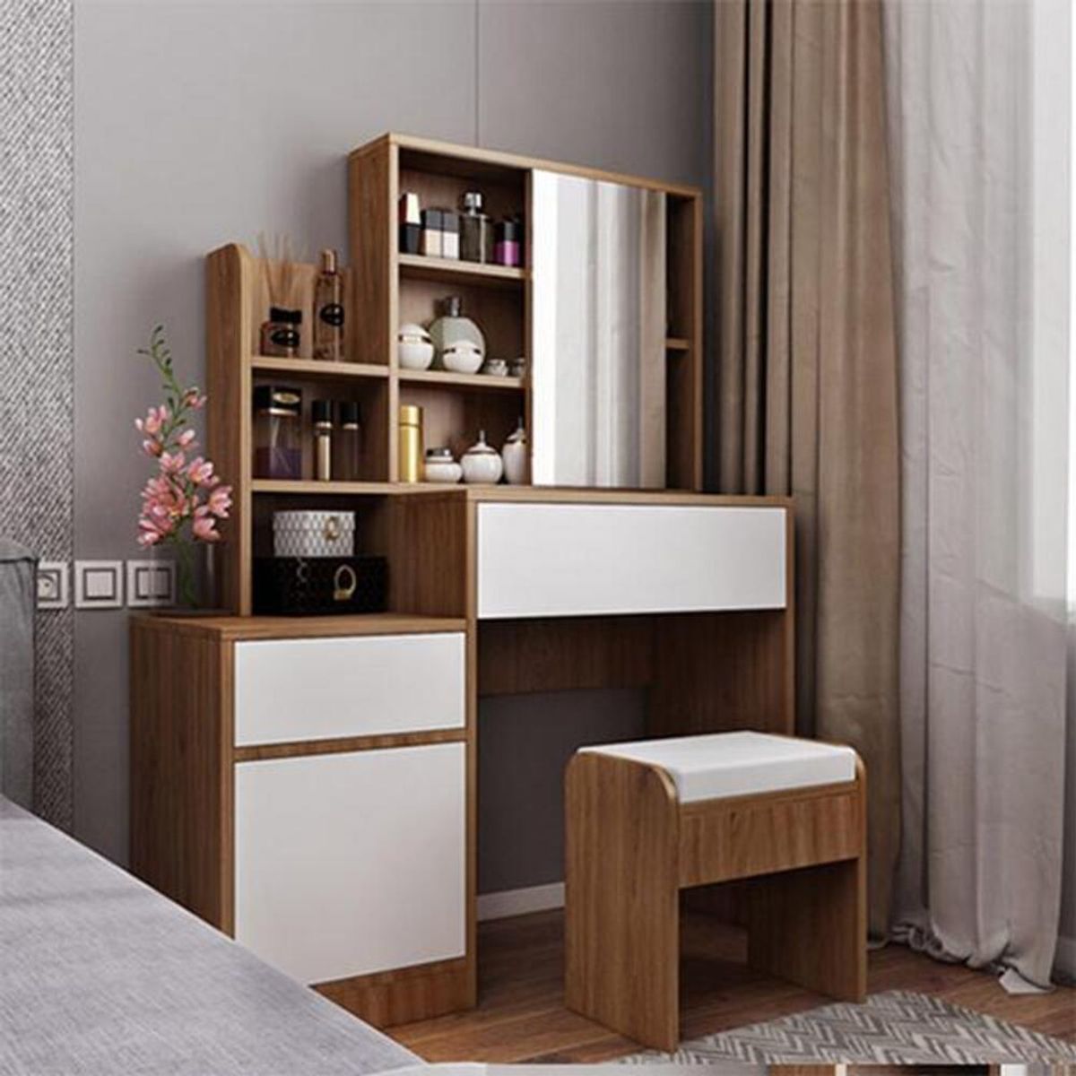R&R MUEBLES - Tocador más Silla Moderno Floette 2 Cajones 1 Puerta R&R MUEBLES