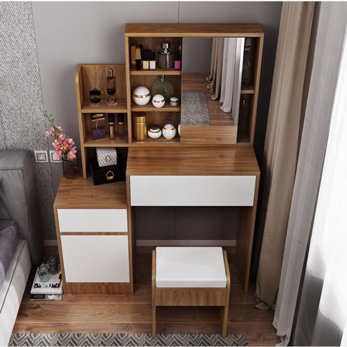 R&R MUEBLES - Tocador más Silla Moderno Floette 2 Cajones 1 Puerta R&R MUEBLES