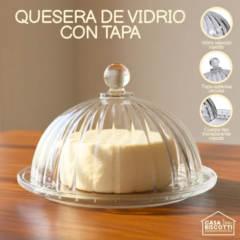 GENERICO - QUESERA de Vidrio Labrado con Tapa esférica tipo Campana 19cmx 13cm