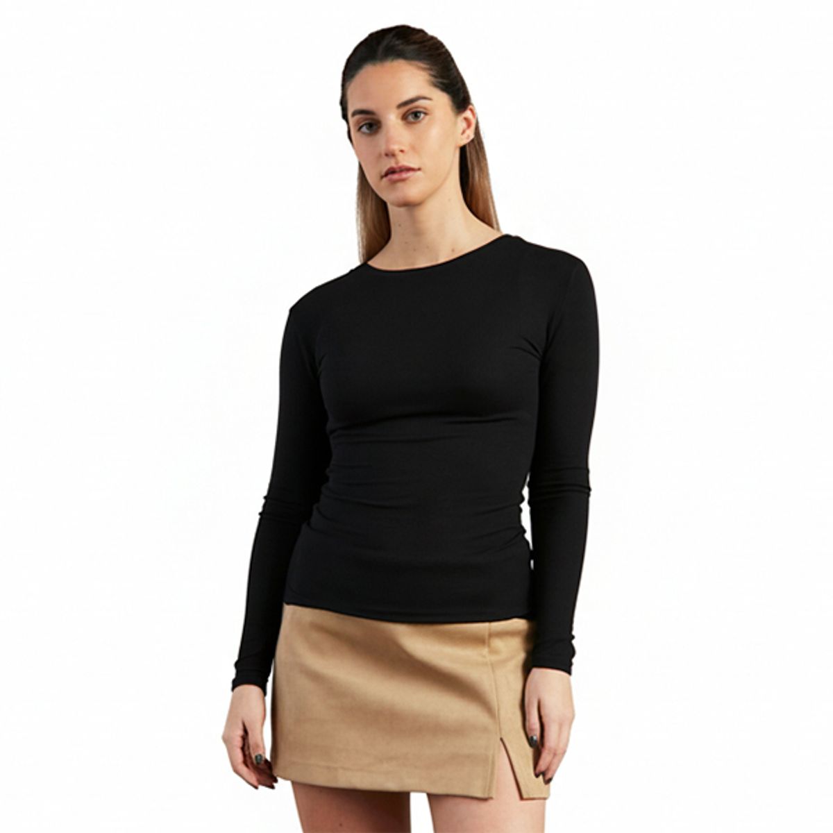 DROP THE LABEL - Polo Manga Larga Mujer Negro Drop the Label Rib Modal