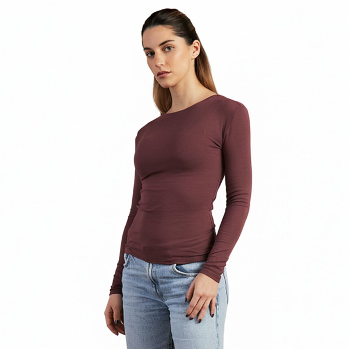 DROP THE LABEL - Polo Manga Larga Mujer Guinda Drop the Label Rib Modal