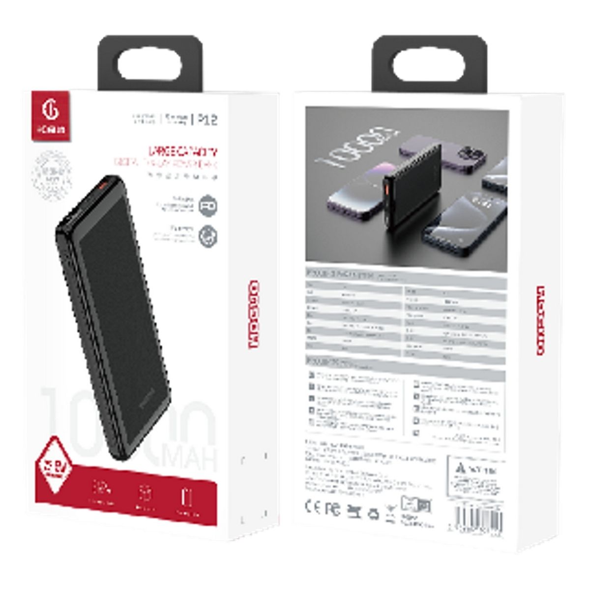 HOGUO - Hoguo - Power Bank 22,5 W Panel LED Carga Rápida 10000mAh - Negro