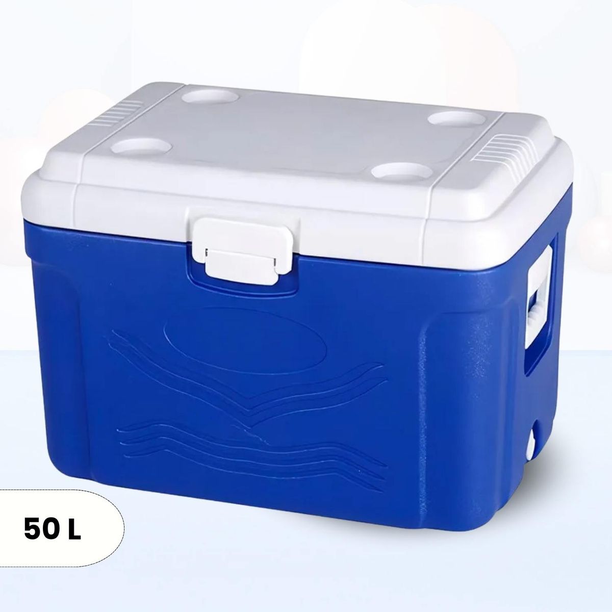 Cooler rectangular Azul con Dos Asa Lateral 50 Litros, marca Ichimatsu - Foto Principal