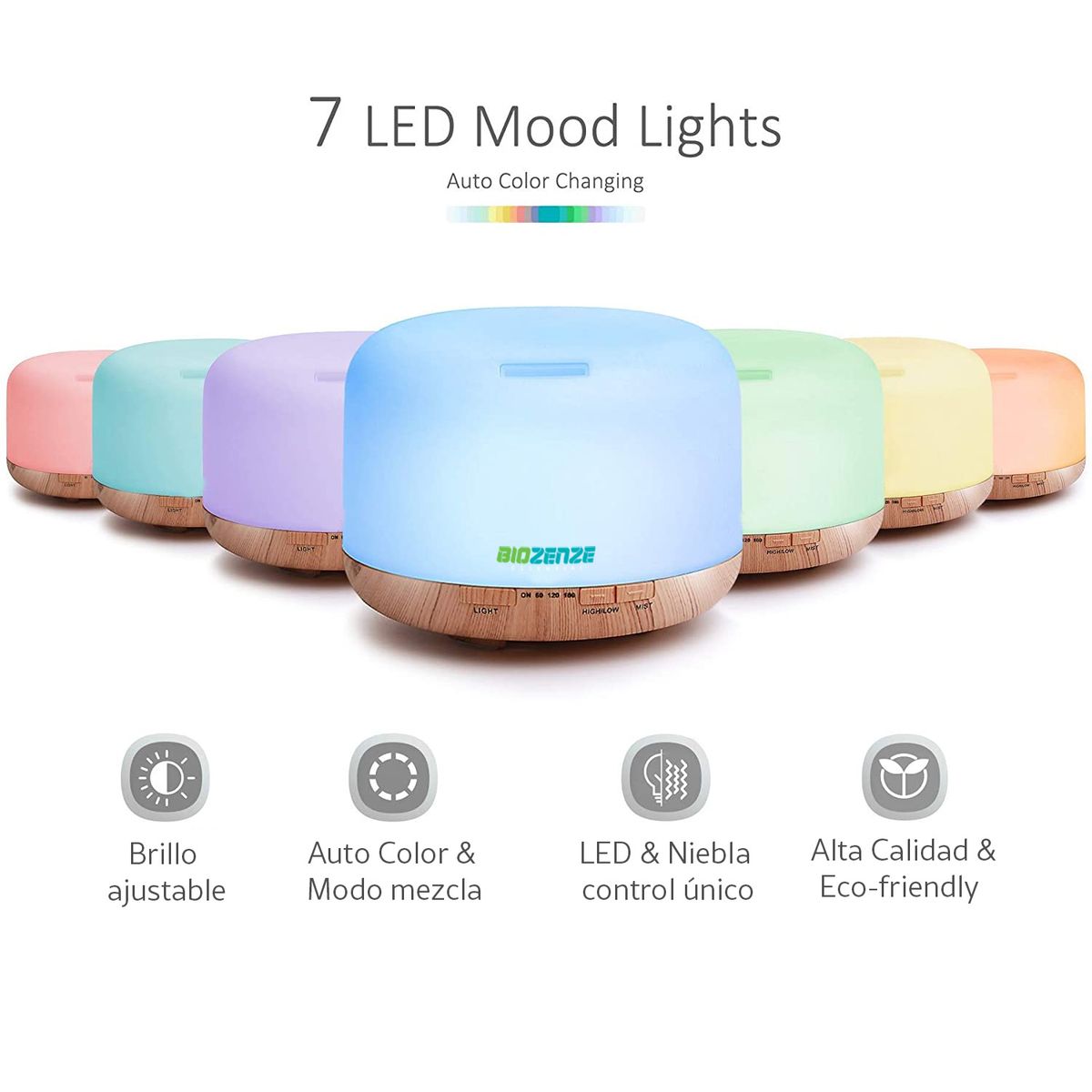 GENERICO - Aromatizador Difusor De Aromas 7 Colores - 818 Claro + Pack 3 Aceite Esencial De Menta, Lavanda Y Eucalipto Biozenze