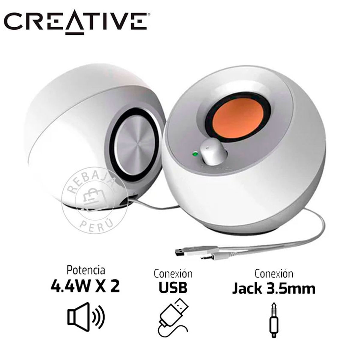 CREATIVE - Parlantes Creative Pebble 2.0 4.4W USB y 3.5mm, Diseño Compacto Blanco