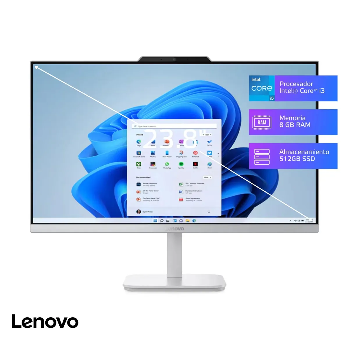 LENOVO - AIO Lenovo A100 Core i3-N305 8GB 512GB SSD 24 FHD FreeDos F0J6002NLD.