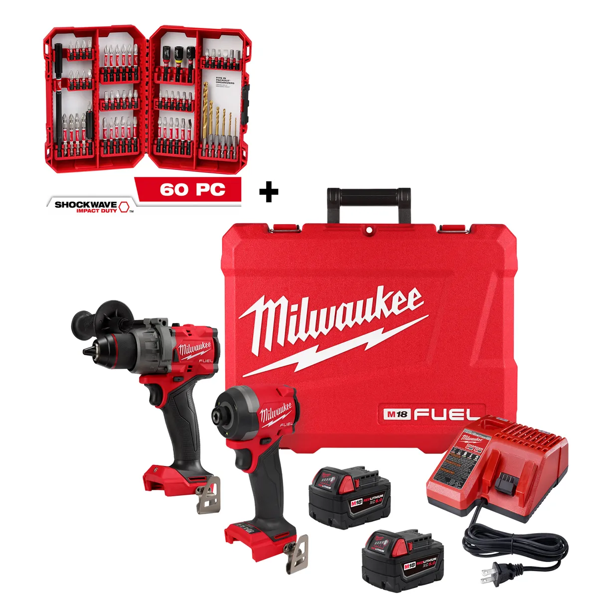MILWAUKEE - Combo FUEL Taladro percutor + Atornillador de impacto + 1 set de accesorios 60 pz