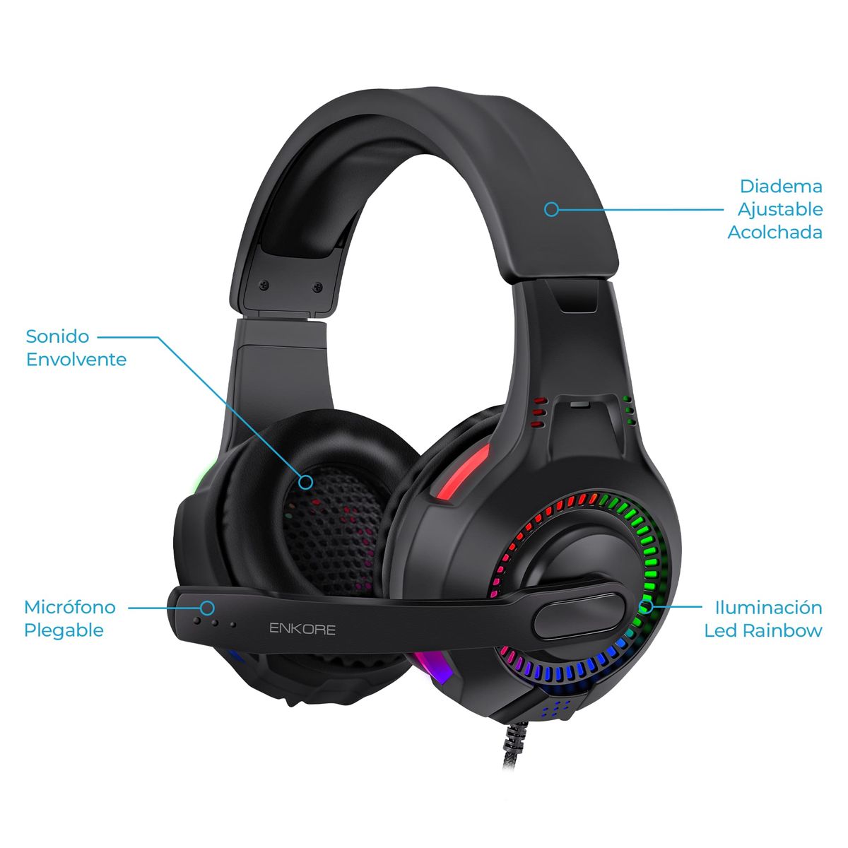 ENKORE - Auricular Gamer Alámbrico Rainbow 5.1 USB Enkore Bravio EKHG 1005U