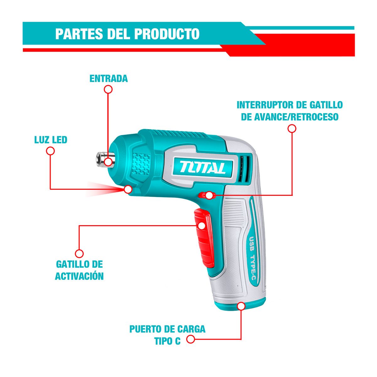 TOTAL TOOLS - Atornillador 4v Tipo-c Hex14 + Accesorios Total - Tsdli0458