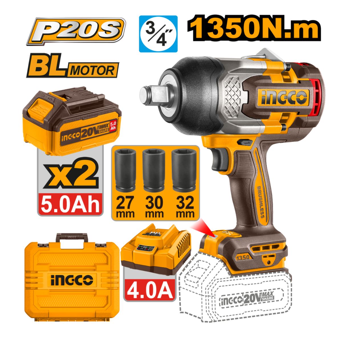 INGCO TOOLS - CIWLI20135 LLAVE DE IMPACTO 20V 1350NM