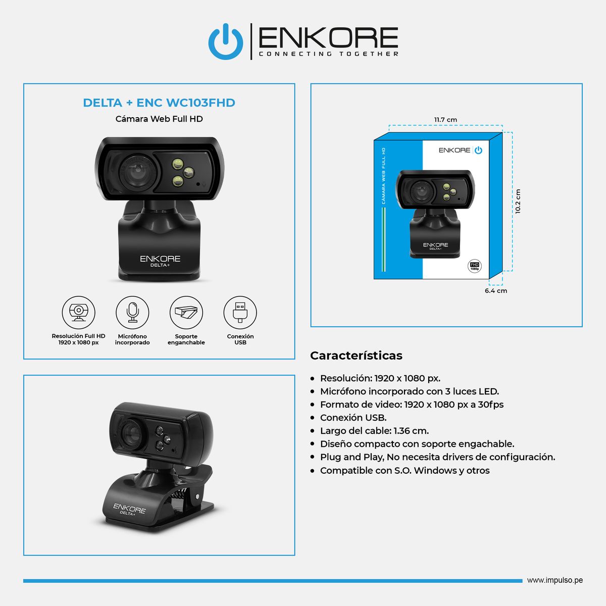 ENKORE - Cámara Web FHD Led con MIC Negro Enkore Delta+ENC WC103FHD