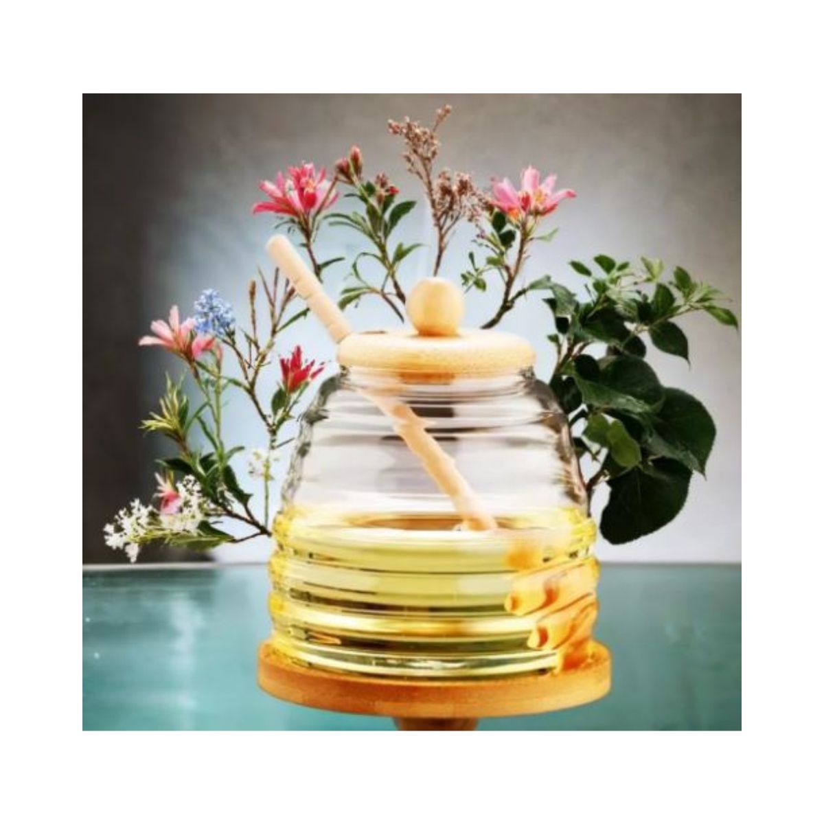 GENERICO - Frasco Mielero para Miel con Tapa y Base de Bambú 400 ml