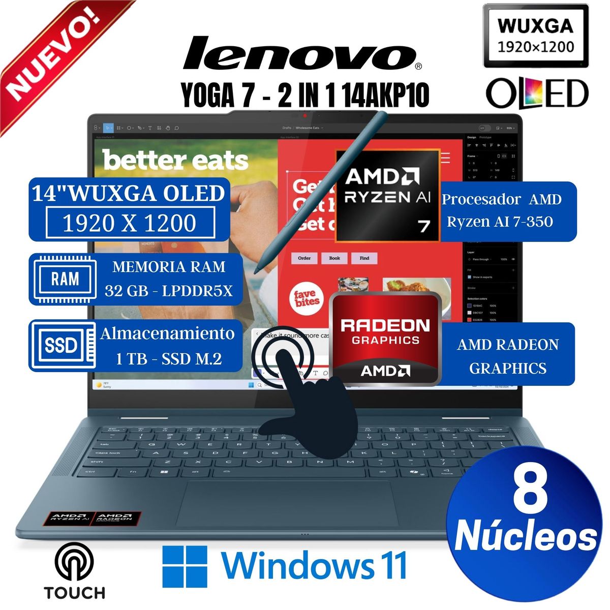 LENOVO - Laptop Lenovo Yoga 7 2-in-1 14AKP10 14” OLED, Táctil, Ryzen AI 7-350, Ram 32GB, Ssd 1TB, Win 11 Home