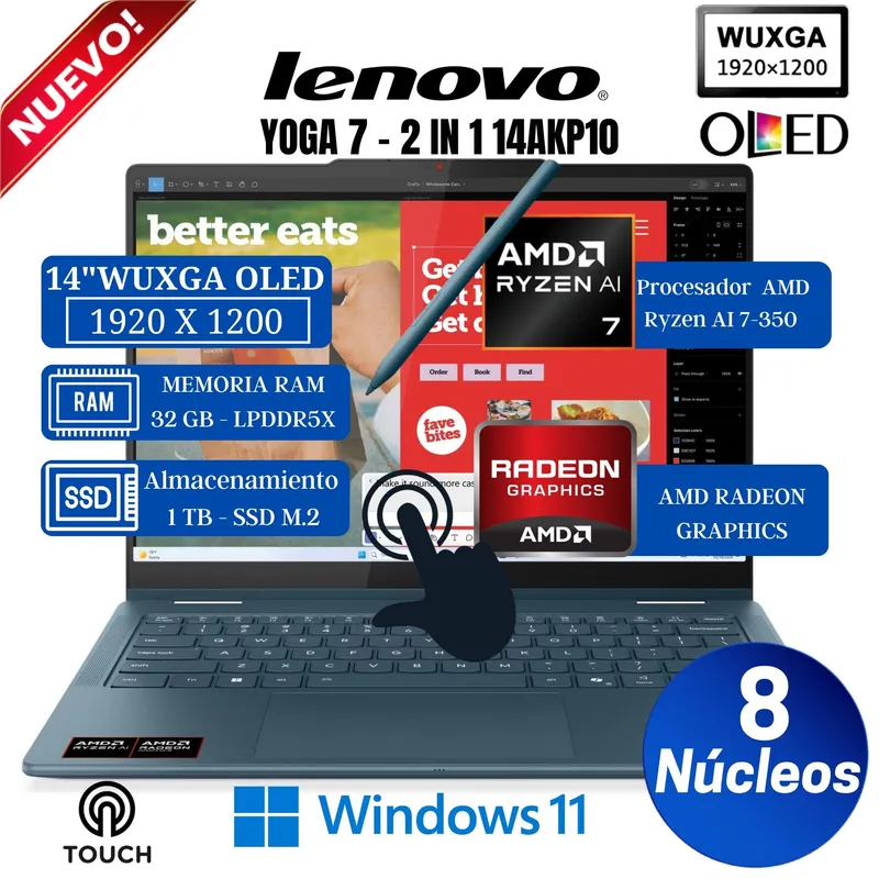 LENOVO - Laptop Lenovo Yoga 7 2-in-1 14AKP10 14” OLED, Táctil, Ryzen AI 7-350, Ram 32GB, Ssd 1TB, Win 11 Home
