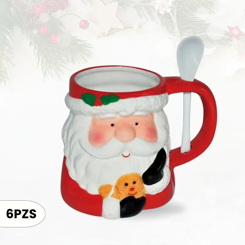 ICHIMATSU - Taza Navideña de Loza diseño Papa Noel con cuchara 440 ml X(6Unid.)