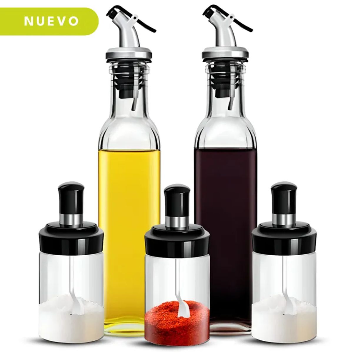 GENERICO - DISPENSADOR DE ACEITE MAS CONDIMENTEROS ESPECIEROS VIDRIO 5 PIEZAS