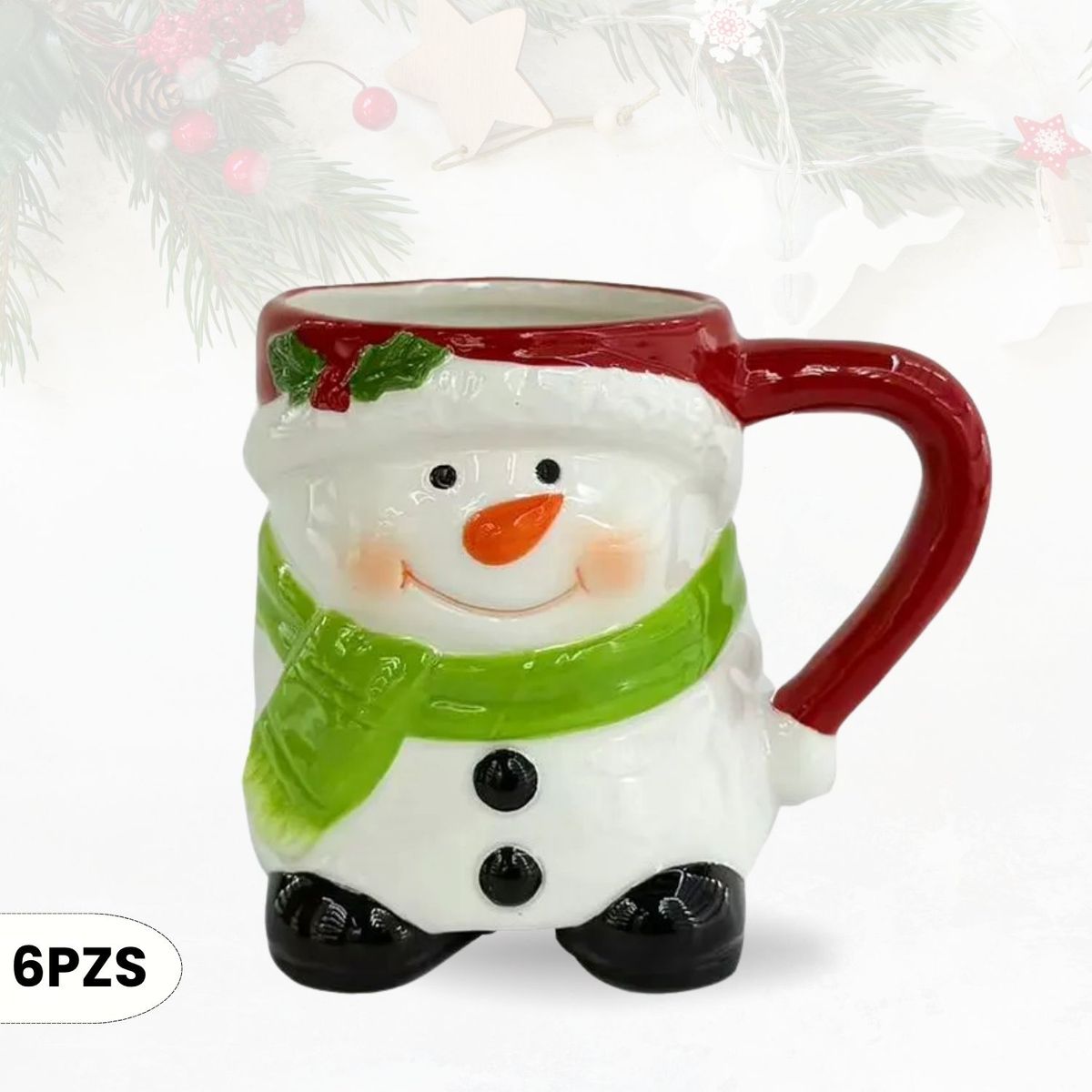 ICHIMATSU - Taza Navideña de Loza diseño Muñeco de Nieve 480 ml X6(Unid.)