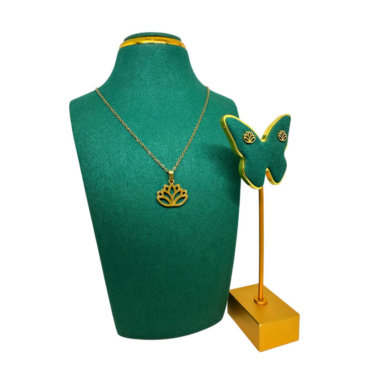 GENERICO - Pack Acero Collar con dije y Aretes - Flor de Loto Mod2 Dorada