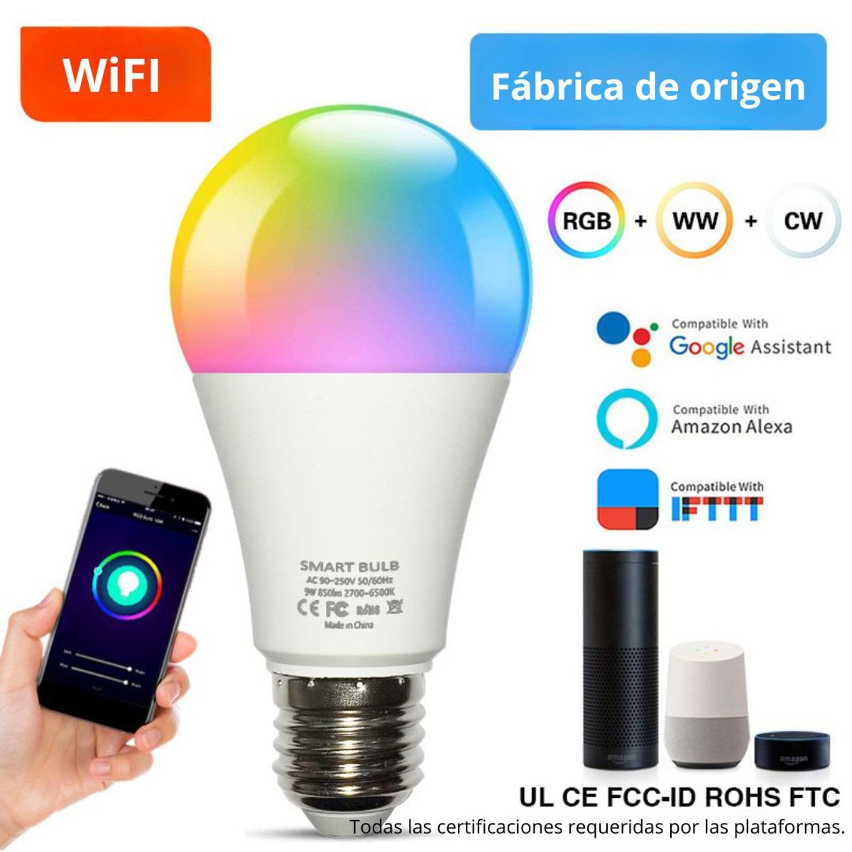 GENERICO - Foco LED Inteligente WiFi RGB 12W con Alexa Google y App Móvil