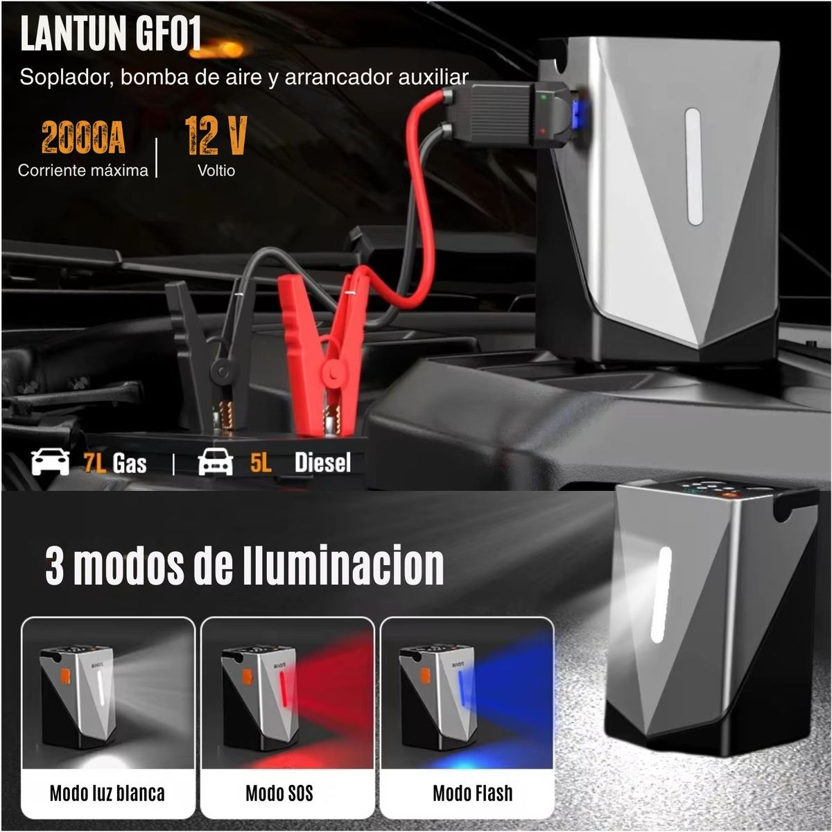 GENERICO - Arrancador de Batería 2000A con Luz LED y Carga Rápida USB-C